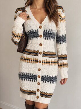Lucky Brand Sweater Dress L Fair Isle Southwestern Button Front Cable Knit